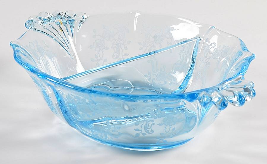 Meadow Rose Blue Divided Handled Mayonnaise Bowl (Baroque Shape) by Fostoria-1