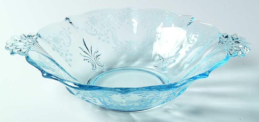 Meadow Rose Blue 10" Round Handled Bowl (Baroque Shape) by Fostoria-1
