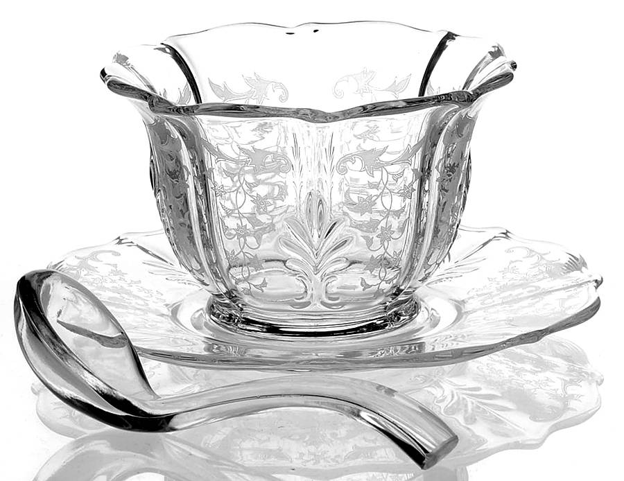 Navarre Clear Mayonnaise Bowl & Underplate w/Ladle (Baroque Shap by Fostoria-1