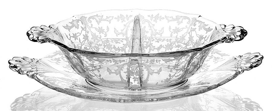 Navarre Clear Divided Hdl. Mayonnaise Bowl & Tray(Baroque Shape) by Fostoria-1