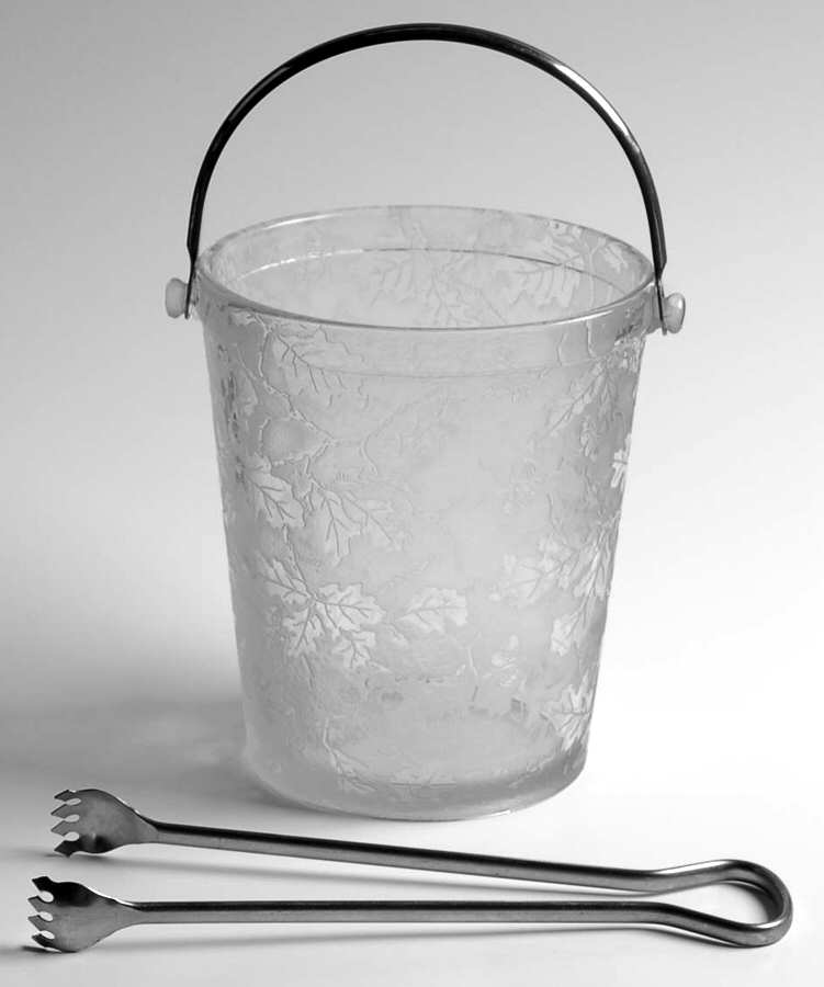 Oak Leaf Clear (Brocade) Ice Bucket with Detachable Handle and Tongs by Fostoria-1