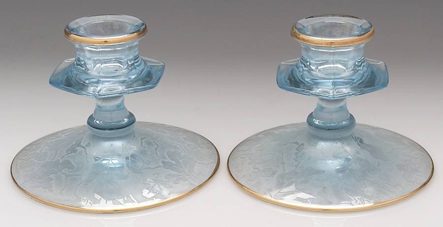 Oakwood Blue (Iridescent Brocade) Candlestick Single Light 3" (Set of 2) by Fostoria-1