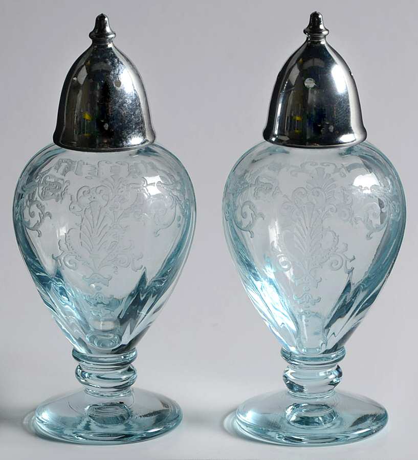 Versailles Blue (No Trim) Footed Shaker Set & Metal Lids by Fostoria-1