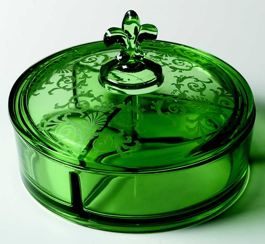 Versailles Green (No Trim) 3-Part Candy Dish with Lid by Fostoria-1