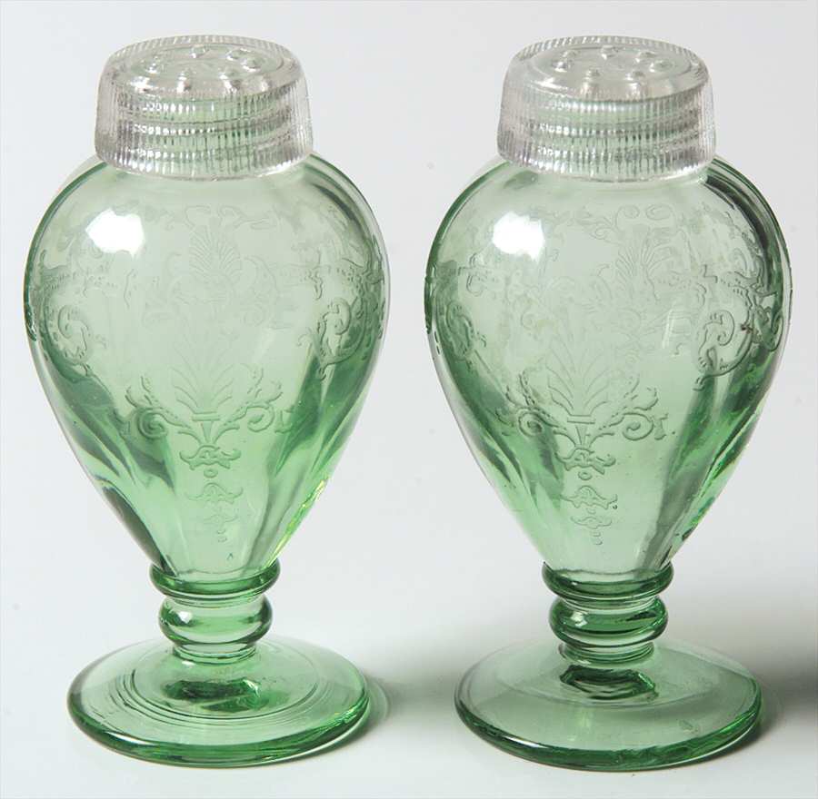 Versailles Green (No Trim) Footed Shaker Set & Glass Lids by Fostoria-1