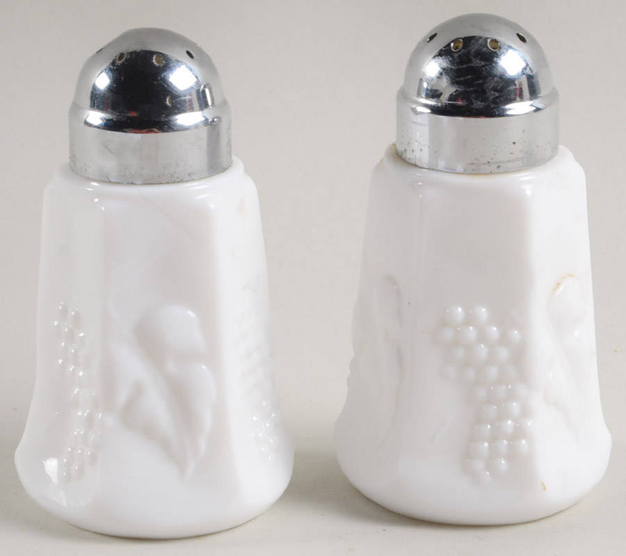 Vintage Milk Glass Footed Shaker Set & Metal Lids by Fostoria-1