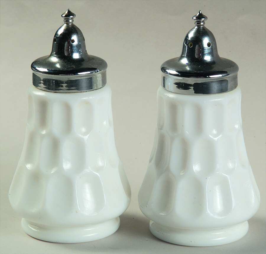 Thumbprint Milkglass Shaker Set w/Metal Lids by Fenton-1