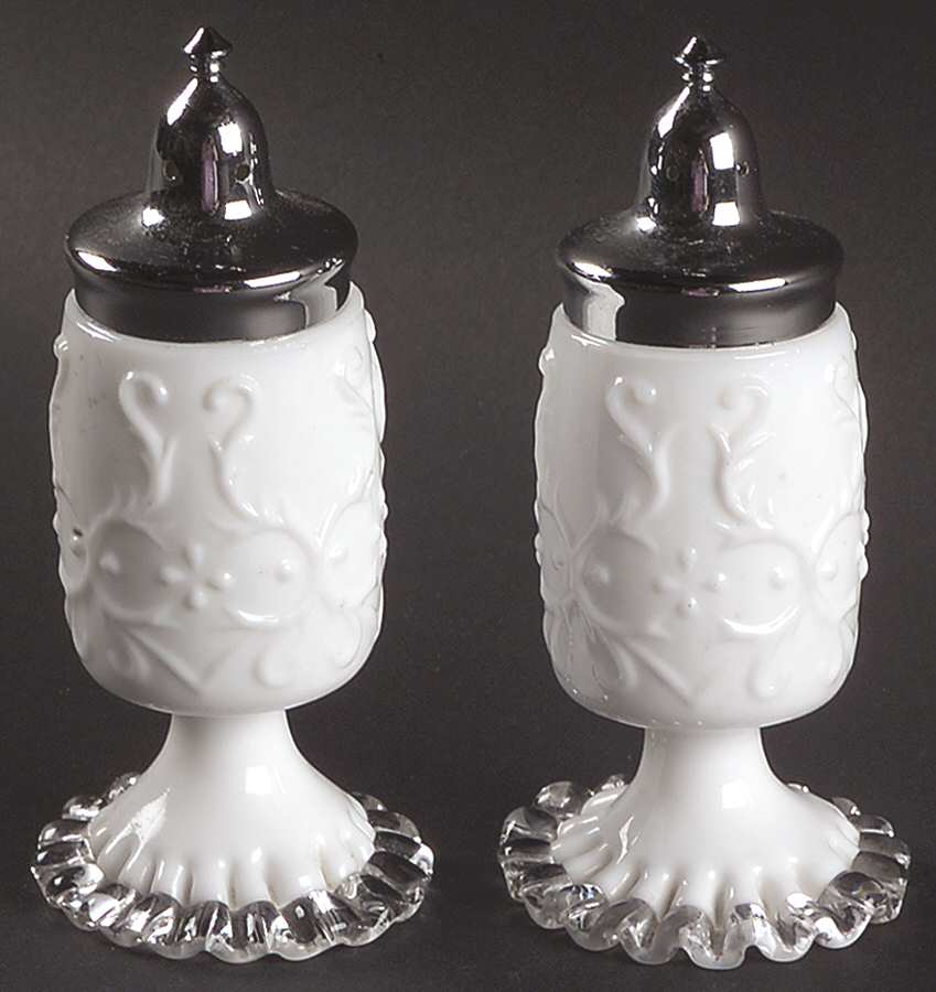 Silver Crest Spanish Lace Footed Shaker Set & Metal Lids by Fenton-1