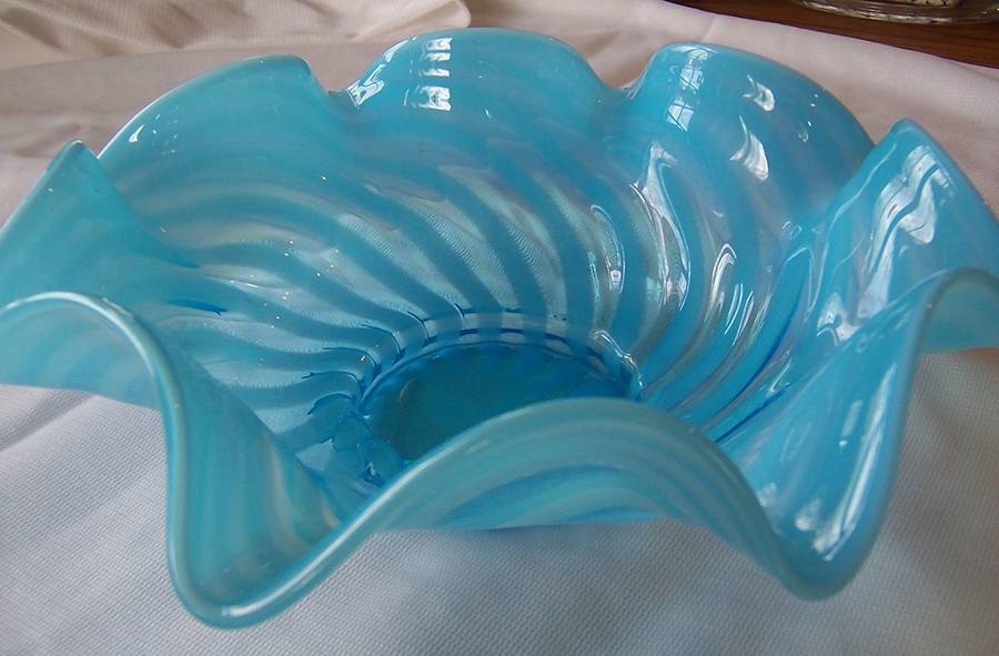Spiral Optic Blue (Opalescent, circa 1939) 10" Crimped Bowl by Fenton-1