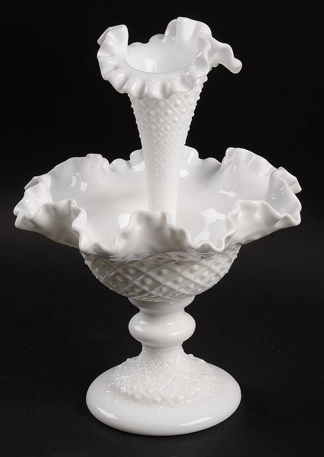 Diamond Lace Milk Glass Footed Epergne Bowl with Vase by Fenton-1