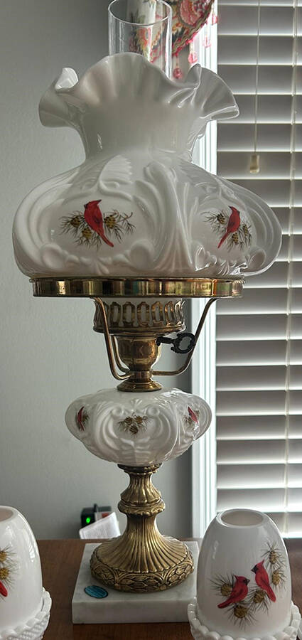 Cardinals In Winter Student Lamp & Globe by Fenton-1