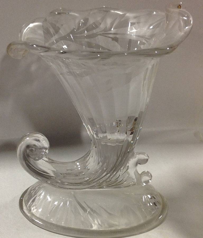 Silvertone Etch (Clear) Cornucopia/Candleholder by Fenton-1