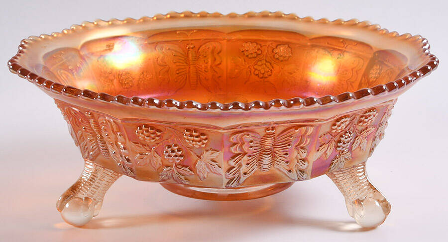 Butterfly and Berry Golden (Marigold) 9" 3-Toed Footed Bowl by Fenton-1