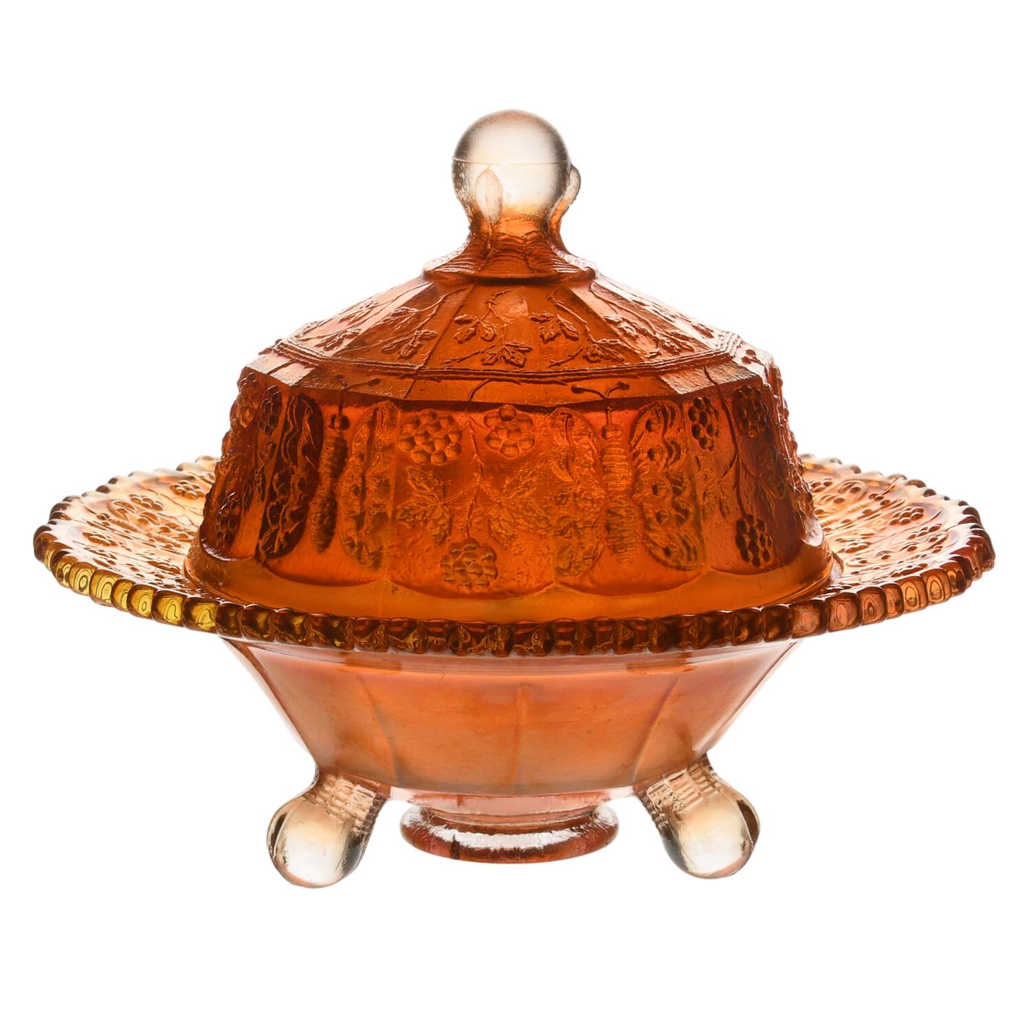 Butterfly and Berry Golden (Marigold) Round Covered Butter by Fenton-1