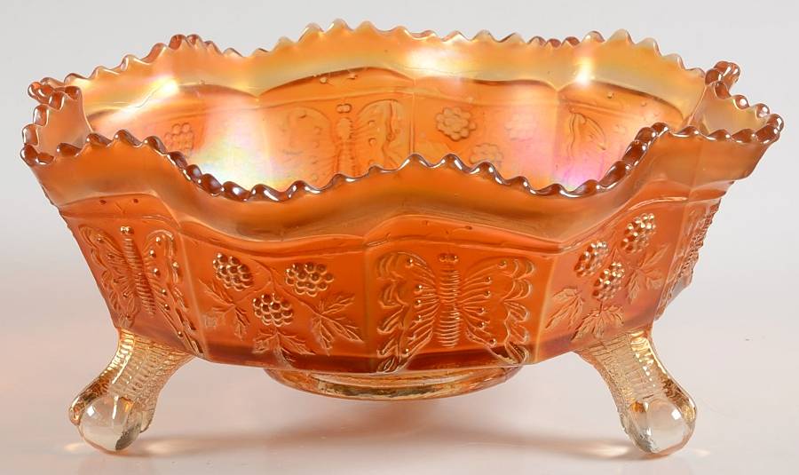 Butterfly and Berry Golden (Marigold) 9" 3-Toed Footed Bowl by Fenton-1