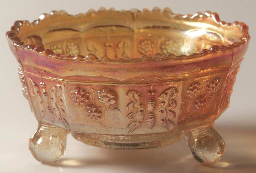 Butterfly and Berry Golden (Marigold) 4" 3-Toed Footed Bowl by Fenton-1