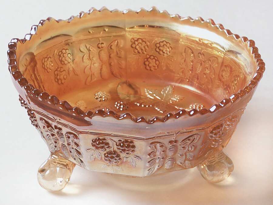 Butterfly and Berry Golden (Marigold) 5" 3-Toed Footed Bowl by Fenton-1