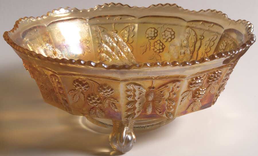 Butterfly and Berry Golden (Marigold) 8" 3-Toed Footed Bowl by Fenton-1