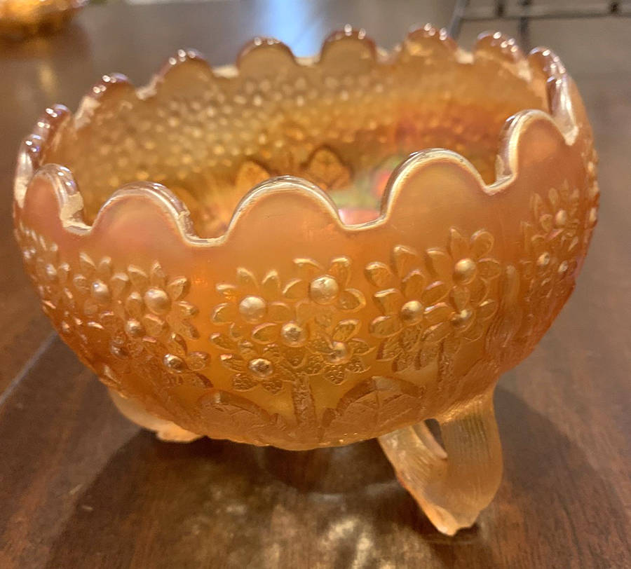 Orange Tree Marigold Three Toed Cupped Bowl by Fenton-1