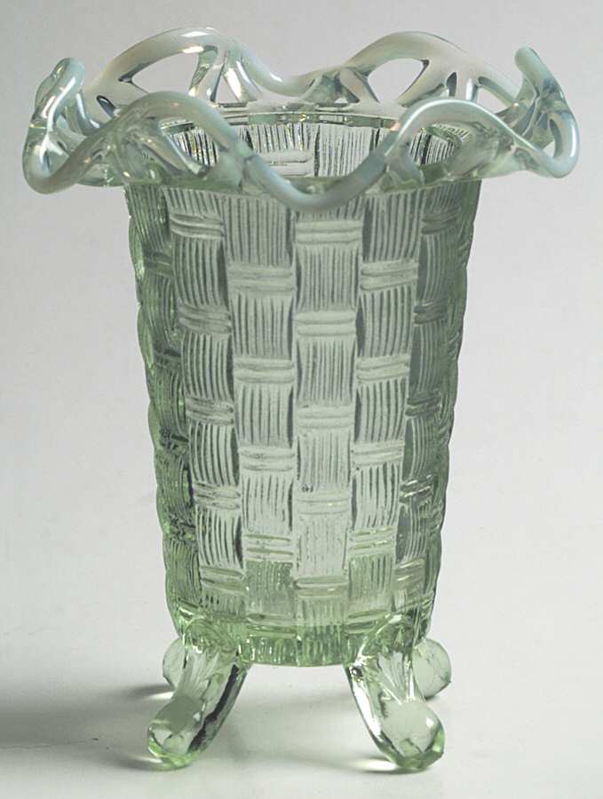 Basketweave with Open Edge-Green Opalescent Bud Vase by Fenton-1