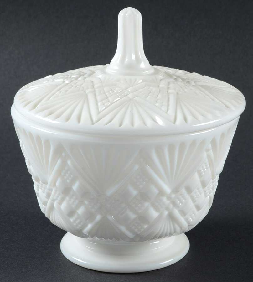 Diamond Sunburst Milkglass Candy Dish & Lid by Fostoria-1
