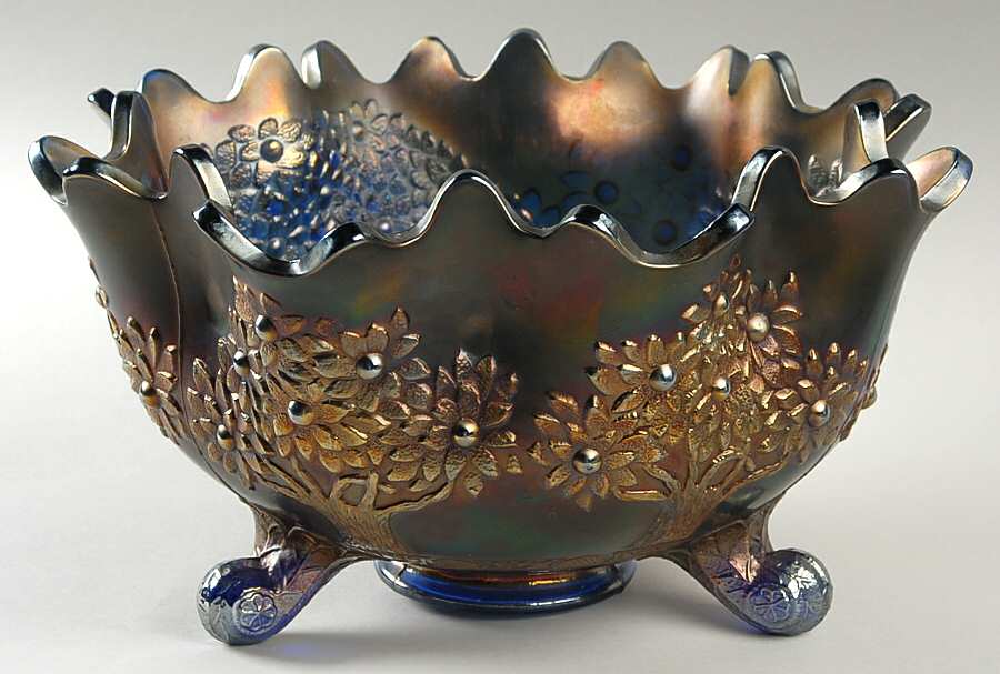 Orange Tree Blue (Carnival) 9" Footed Bowl by Fenton-1