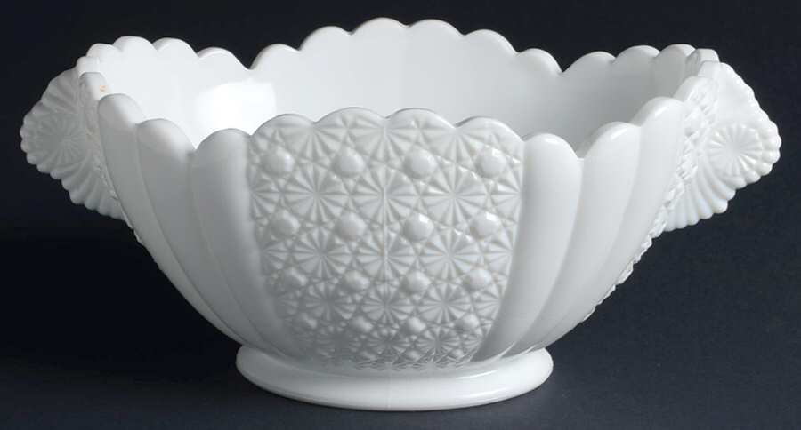 Daisy and Button Milk Glass 9" Oval Handled Bowl by Fenton-1