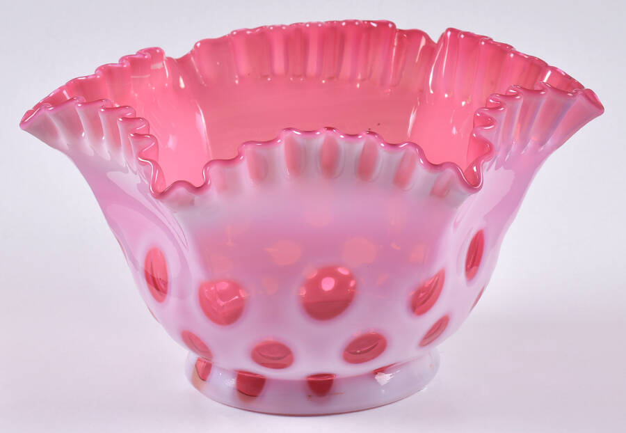 Coin Dot Cranberry (Opalescent) 8" Round Crimped Bowl by Fenton-1