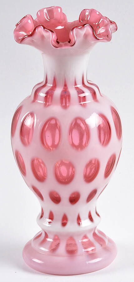 Coin Dot Cranberry (Opalescent) 8" Double Crimped Vase by Fenton-1