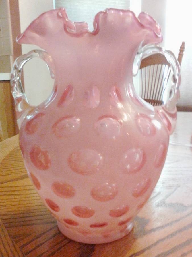 Coin Dot Cranberry (Opalescent) 8" 2-Handled Vase by Fenton-1