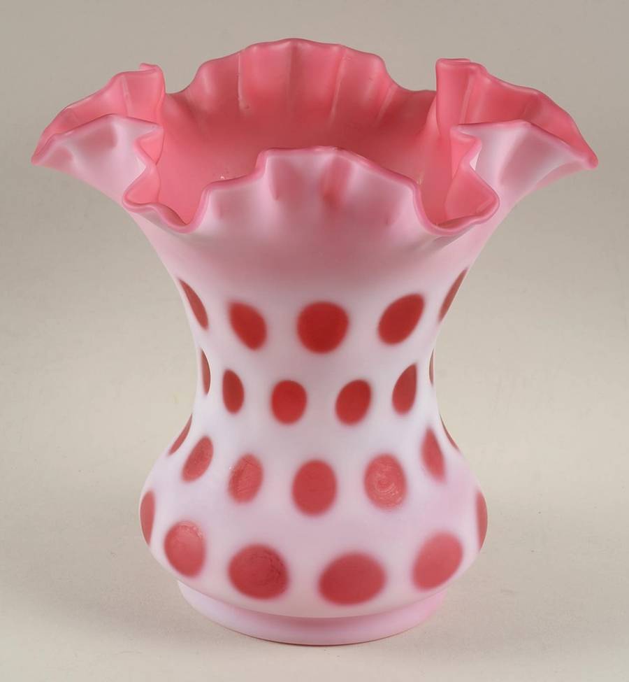 Coin Dot Cranberry (Opalescent) 6" Double Crimped Vase by Fenton-1