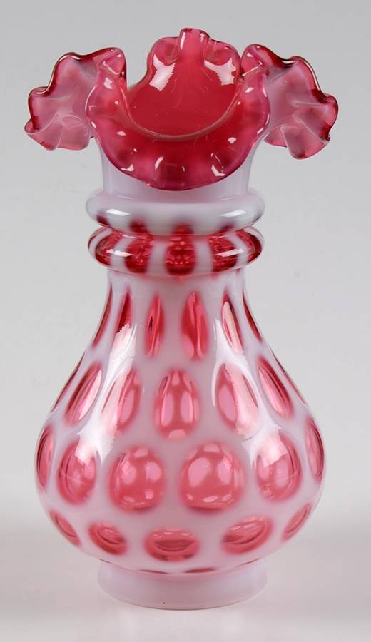 Coin Dot Cranberry (Opalescent) 6" Crimped Vase by Fenton-1