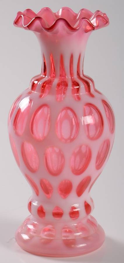 Coin Dot Cranberry (Opalescent) 6" Crimped Vase by Fenton-1