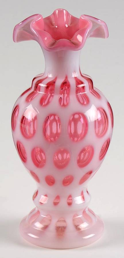 Coin Dot Cranberry (Opalescent) 6" Double Crimped Vase by Fenton-1