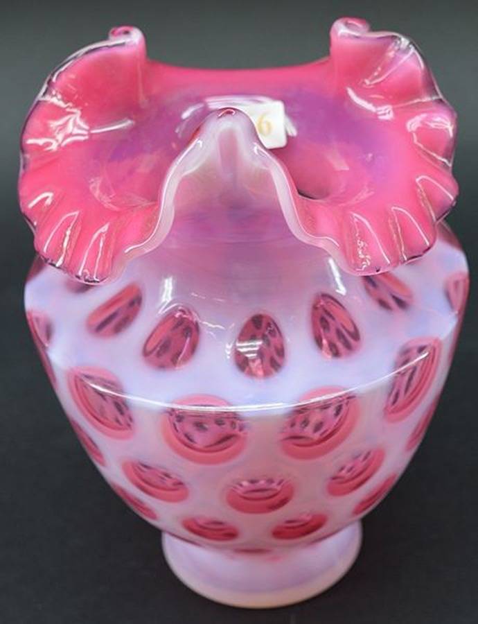 Coin Dot Cranberry (Opalescent) 7" Double Crimped Vase by Fenton-1