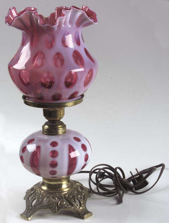 Coin Dot Cranberry (Opalescent) Electric Lamp & Glass Shade by Fenton-1