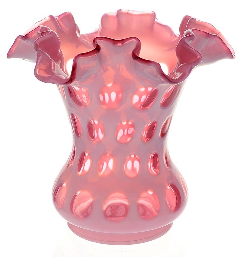 Coin Dot Cranberry (Opalescent) 6" Double Crimped Vase by Fenton-1