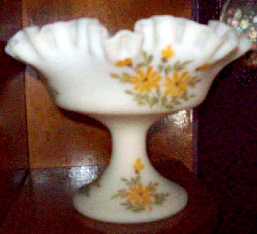 Daisies on Cameo Satin Footed Compote by Fenton-1
