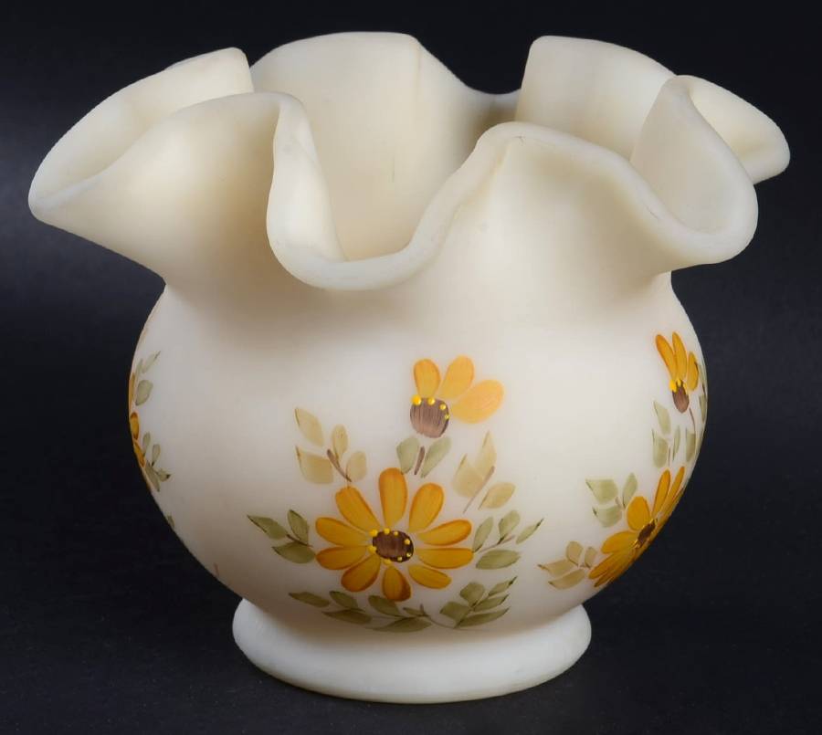 Daisies on Cameo Satin 4" Double Crimped Vase by Fenton-1