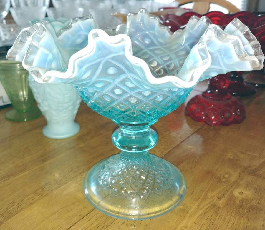 Diamond Lace Blue (Opalescent) Double Crimped Footed Compote by Fenton-1