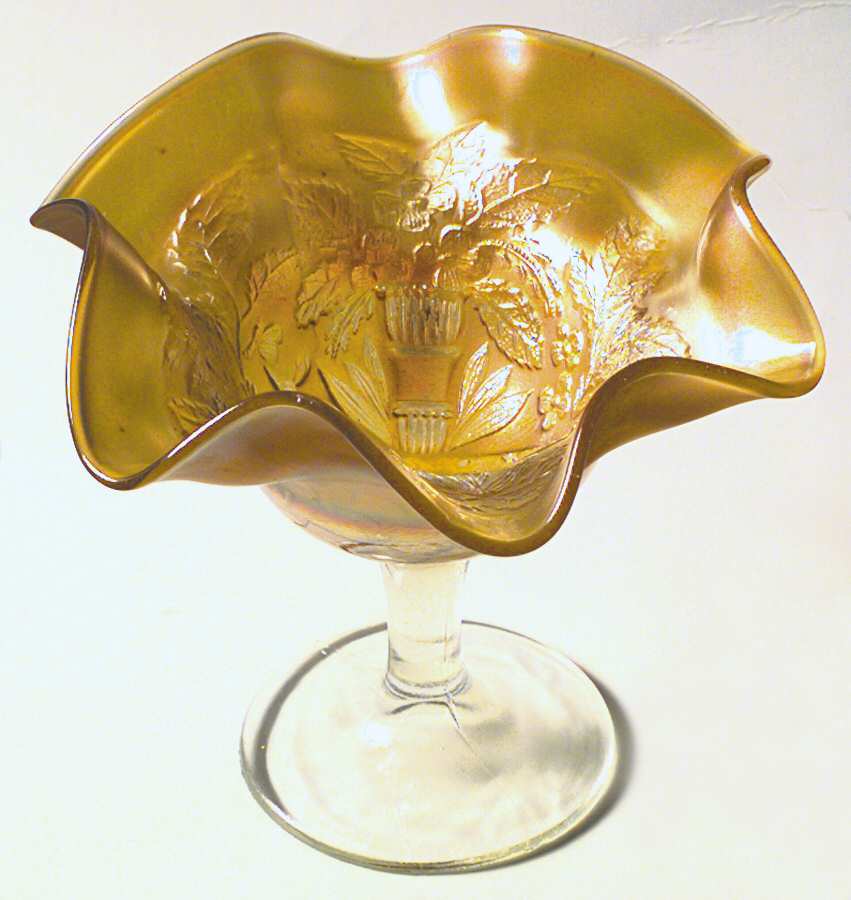 Peacock and Urn Marigold 5" Ruffled Compote by Fenton-1