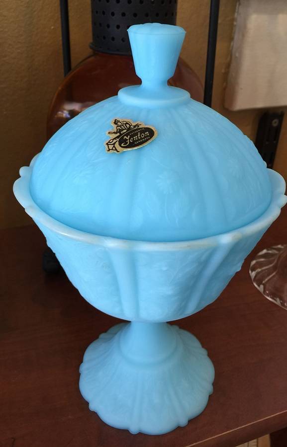 Blue Satin Footed Candy Dish & Lid by Fenton-1