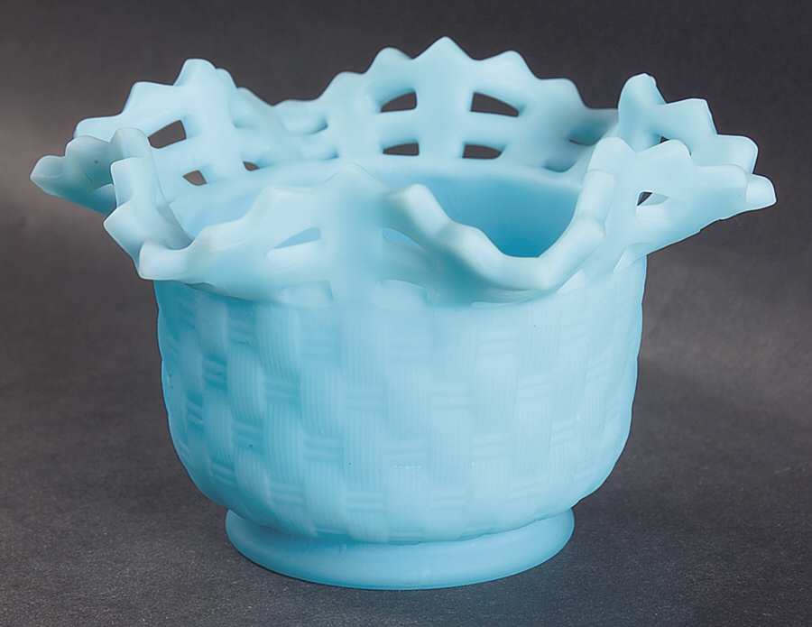 Blue Satin Basket Bowl by Fenton-1