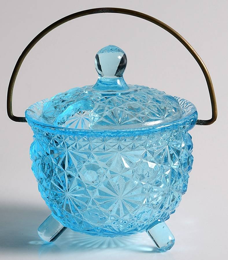 Daisy and Button Light Blue Mustard Kettle & Lid with Wire Handle by Fenton-1