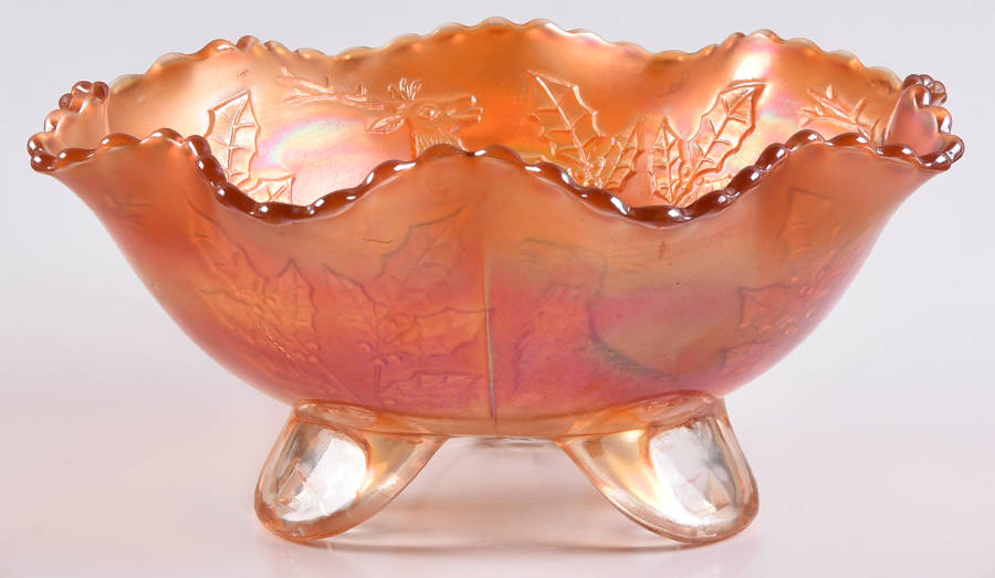Stag and Holly Marigold 7" Round 3-Toed Crimped Bowl by Fenton-1