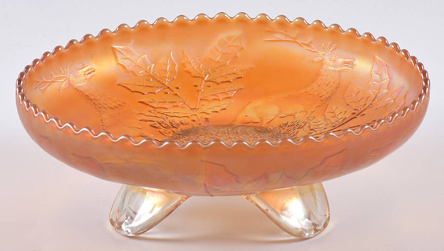 Stag and Holly Marigold 7" 3-Toed Footed Bowl by Fenton-1