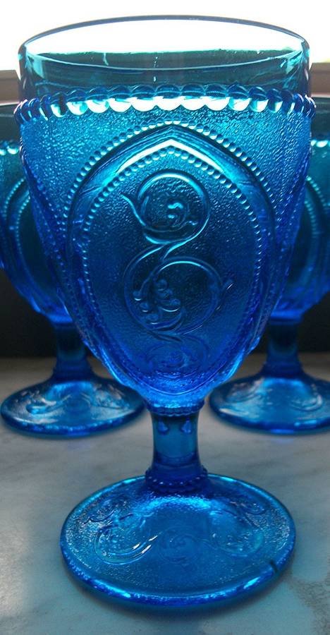 Stippled Scroll Blue Water Goblet by Fenton-1