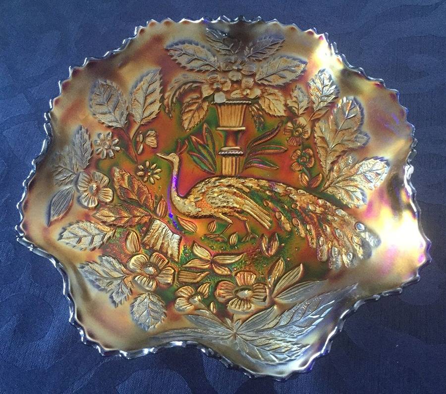 Peacock Tail Cobalt (Carnival) 9" Round Crimped Bowl by Fenton-1