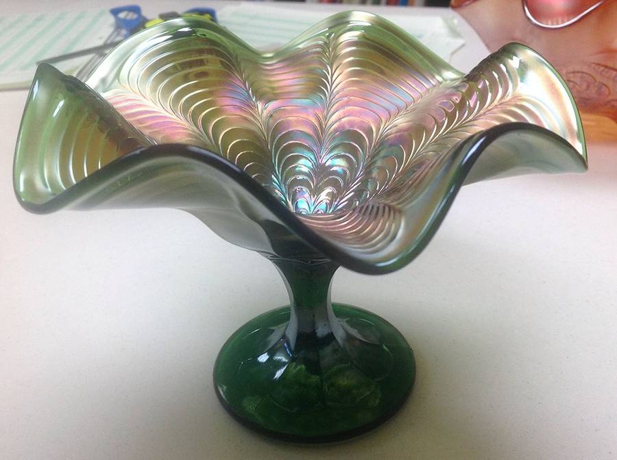 Peacock Tail Green (Carnival) Compote by Fenton-1
