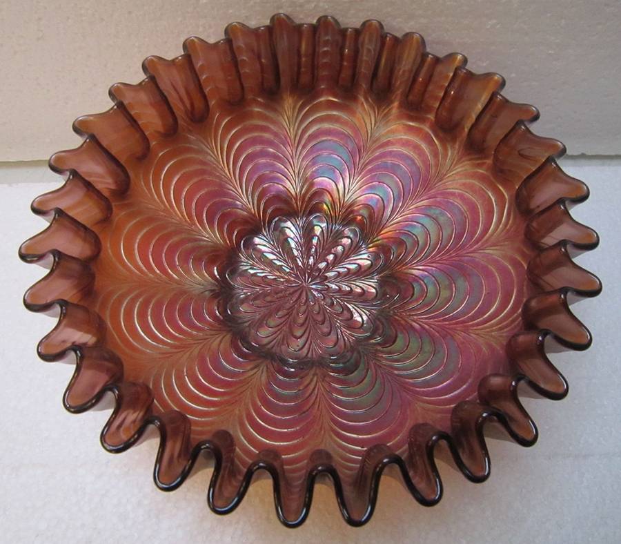 Peacock Tail Violet (Carnival) Footed Crimped Bowl by Fenton-1